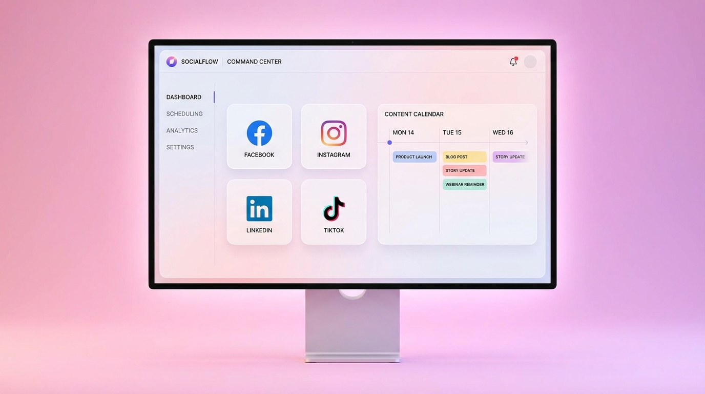 Dashboard lên lịch đăng bài social media tự động với icons Facebook Instagram LinkedIn TikTok