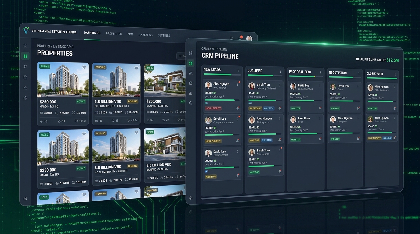 Dashboard phần mềm quản lý bất động sản với module listings và CRM leads