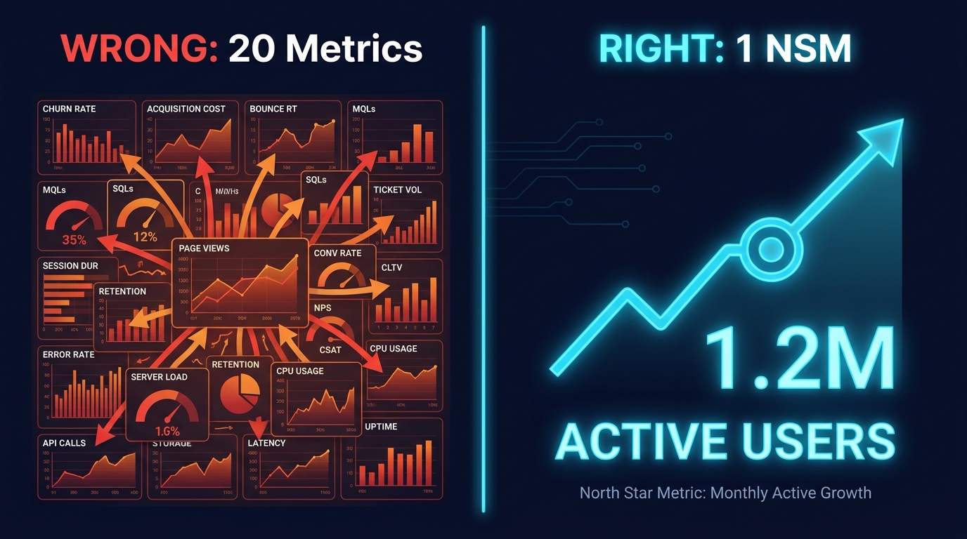 Common NSM mistakes SME funnel metrics wrong neon chart navy analytics